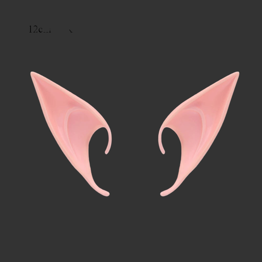 Pair of pink elf ears on a white background with text indicating size.
